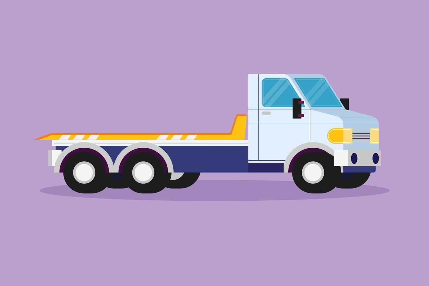 Grafik-Flachdesign-Zeichnung Abschleppwagen von der Seite gesehen ist bereit, dem Fahrer zu helfen, dessen Auto auf der Autobahn beschädigt ist. Versicherungseinrichtung für Kundenzufriedenheit. Cartoon-Stil-Vektor-Illustration vektor