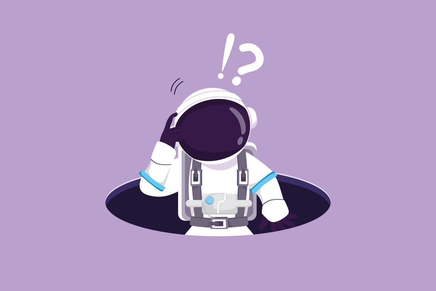 grafisk platt design teckning av förvirrad ung astronaut framträder från hål i måne yta. deprimerad spaceman på grund av till utforskning fel. kosmisk galax Plats begrepp. tecknad serie stil vektor illustration