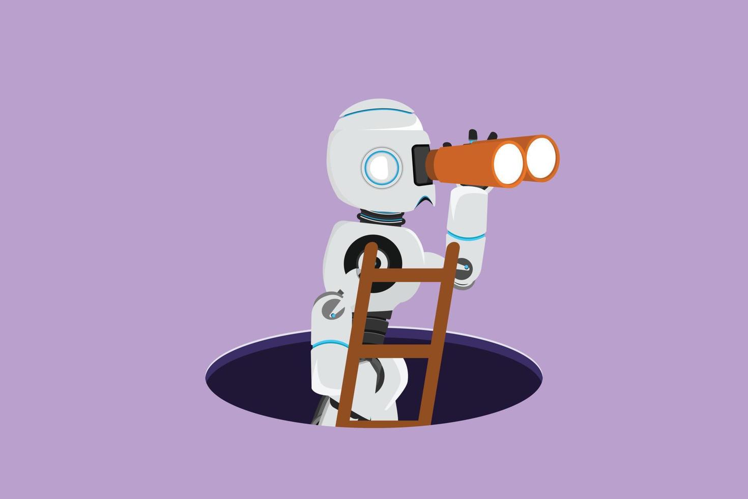 Charakter flacher Zeichnungsroboter klettert mit Leiter und Fernglas aus dem Loch. Tech-Business-Vision oder -Idee. humanoider Roboter kybernetischer Organismus. robotische Entwicklung. Cartoon-Design-Vektor-Illustration vektor
