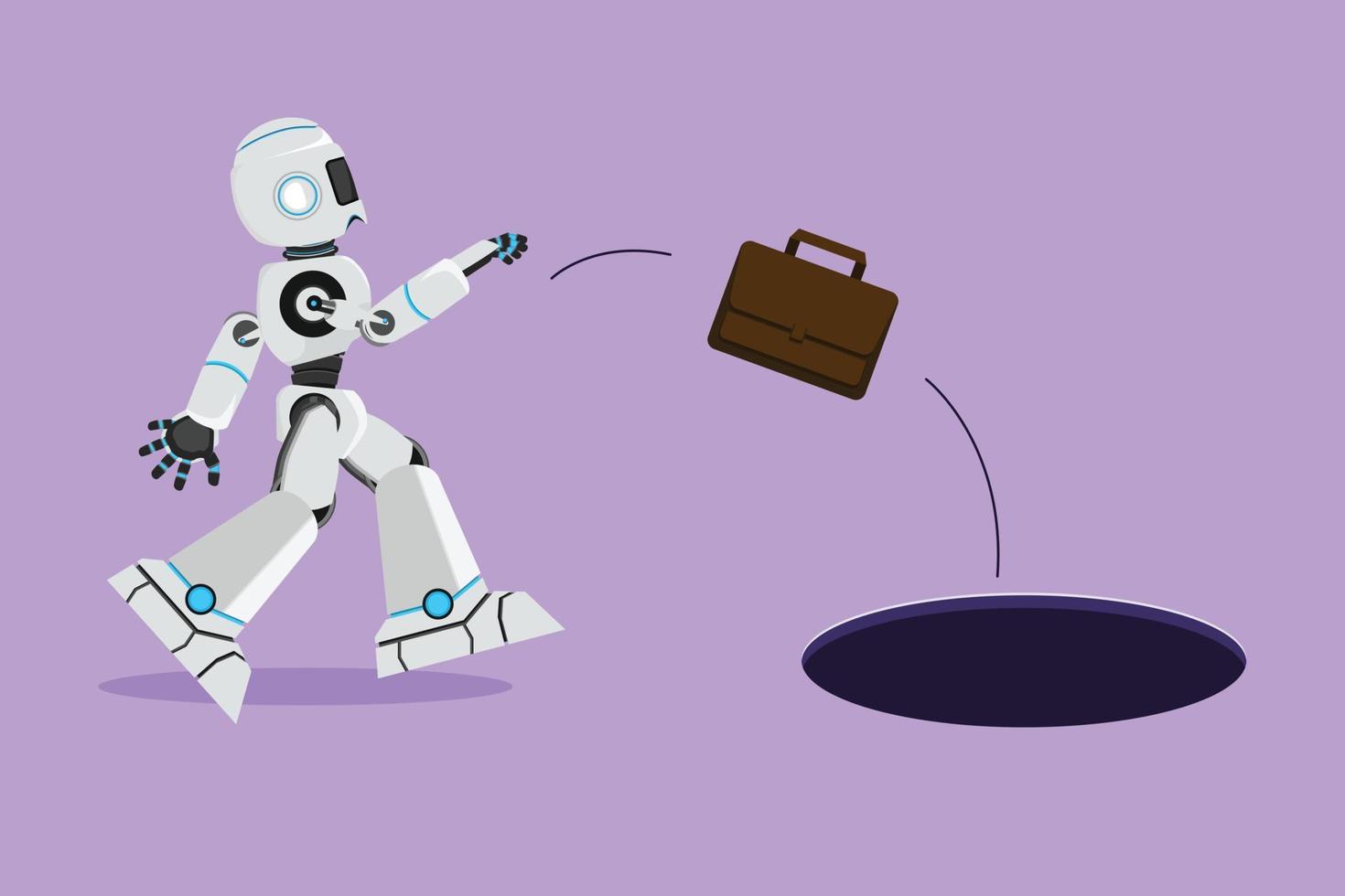 Grafik-Flachdesign-Zeichnungsroboter wirft Aktentasche in Loch. Geschäftsmöglichkeiten nicht nutzen. zukünftige Technologieentwicklung. künstliche Intelligenz. Cartoon-Vektor-Illustration vektor