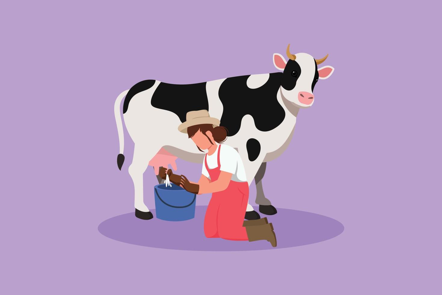 grafisches flaches Design, das den weiblichen Landwirt zeichnet, der eine Kuh im Eimer melkt. Kühe züchten. Ranch oder Bauernhof. Vieh oder Vieh. Produktion von Milchprodukten auf der Wiese. Cartoon-Stil-Vektor-Illustration vektor