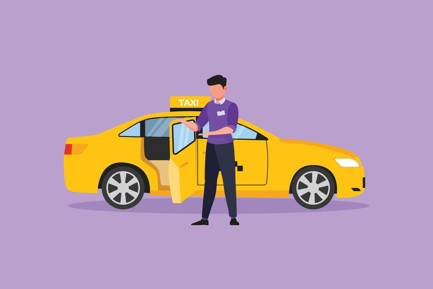 grafisk platt design teckning manlig taxi drivrutiner är inbjudande blivande passagerare till skaffa sig inuti och leverera dem till deras destination. modern transport i urban. tecknad serie stil vektor illustration