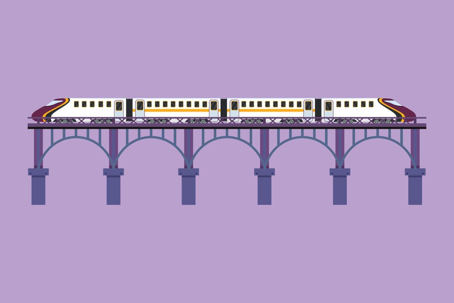 Cartoon Flat Style Draw Hochgeschwindigkeitszug auf der Brücke mit Passagieren, die im Sommerurlaub sind. erschwinglicher öffentlicher Nahverkehr. Intercity-Fahrzeugkonzept. Grafikdesign-Vektorillustration vektor