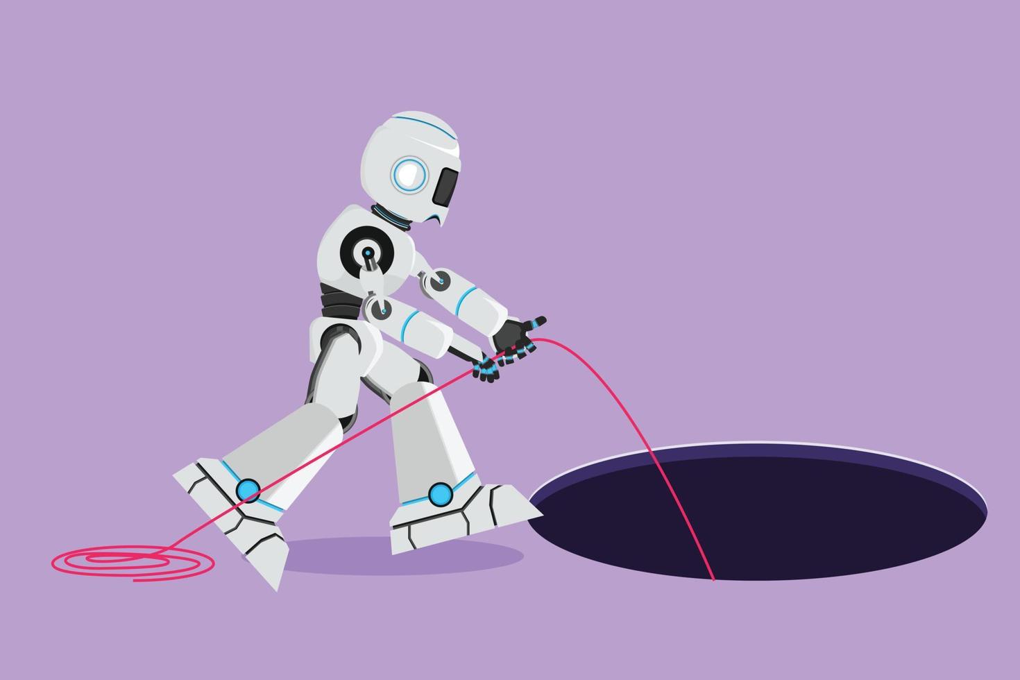 karaktär platt teckning robot sträcka ut rep in i hål. tech företag möjlighet, utforskning, utmaning. humanoid robot cybernetiska organism. robot utveckling. tecknad serie design vektor illustration