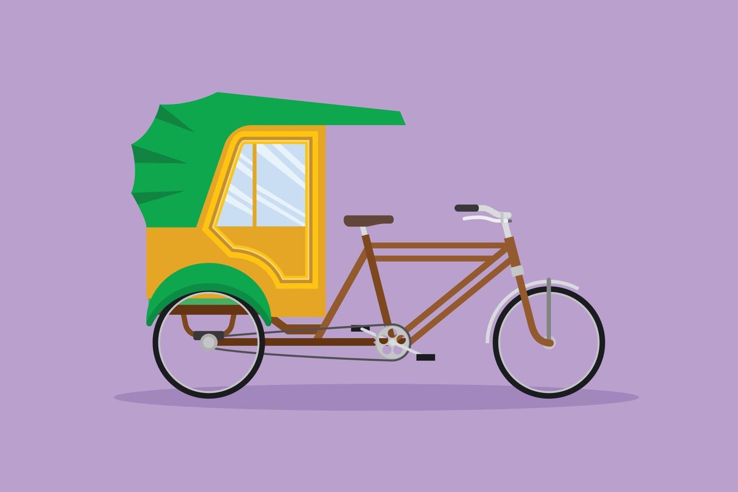 Grafik Flat Design Zeichnung Fahrradrikscha von der Seite gesehen zieht den dahinter sitzenden Beifahrer mit einem Fahrradpedal. Touristenfahrzeug in asiatischen Ländern. Cartoon-Stil Charakter-Vektor-Illustration vektor