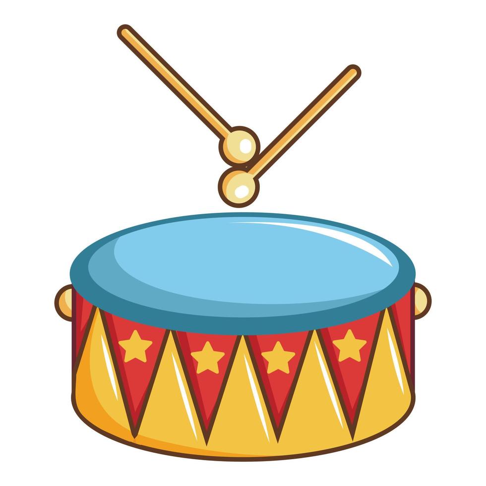 bunte Trommel und Drumsticks-Symbol, Cartoon-Stil vektor