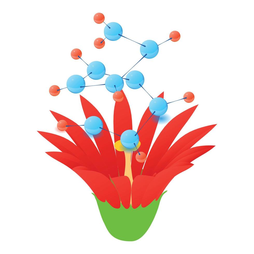 Isometrischer Vektor der scharlachroten Blumenikone. blühende rote Blume und farbiges Molekül