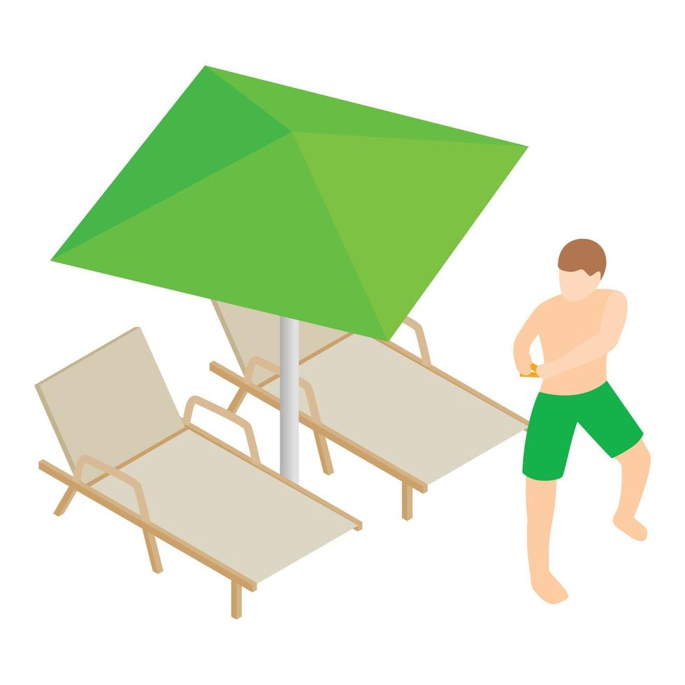 Strandurlaub Symbol isometrischer Vektor. Mann in der Nähe von Chaiselongue und Sonnenschirm vektor