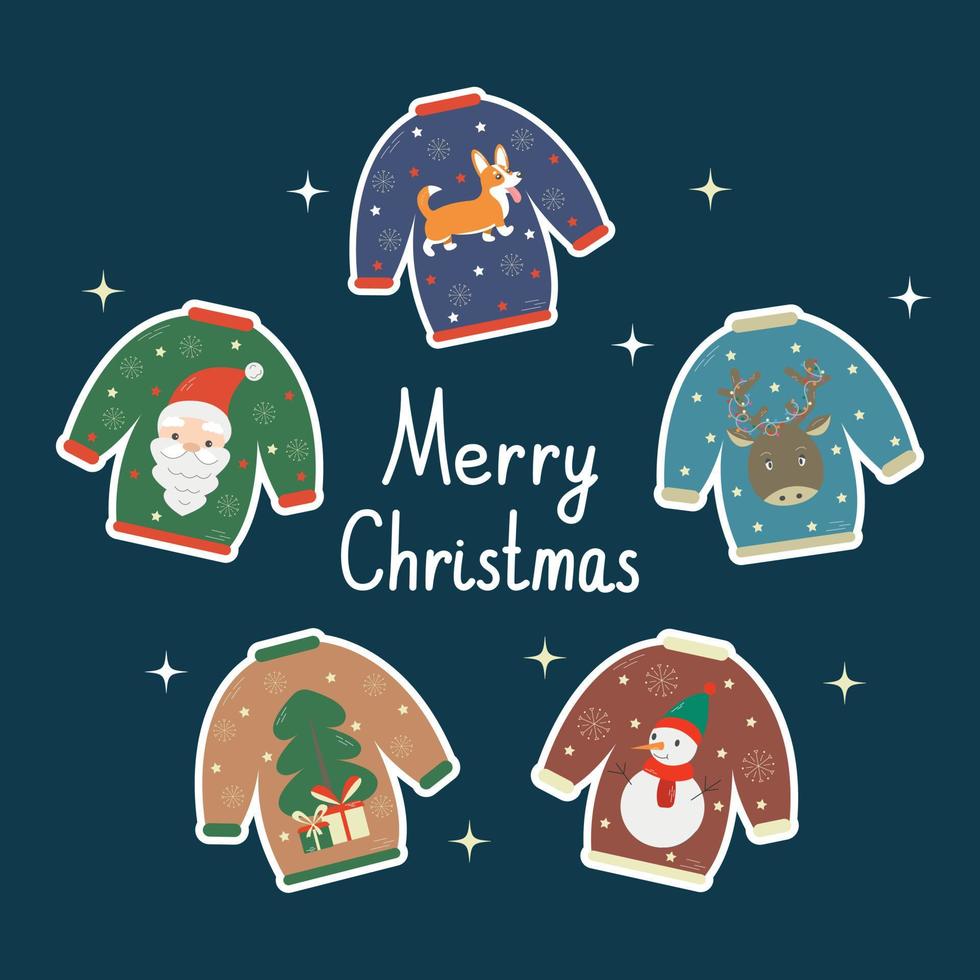 weihnachtspostkarte mit verschiedenen cartoon hässlichen pullovern. süßes weihnachtspulloverkonzept im flachen stil. Vektor hässliche Pullover Partyeinladung.