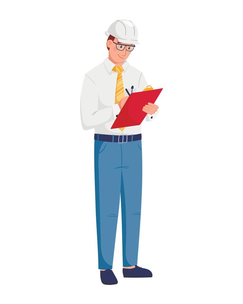 vektor illustration av en stående ingenjör i en vit hjälm i en kostym med en slips. en man innehar en läsplatta med anteckningar och lär eller skrivningar ner de beräkningar av de projekt eller arbete.