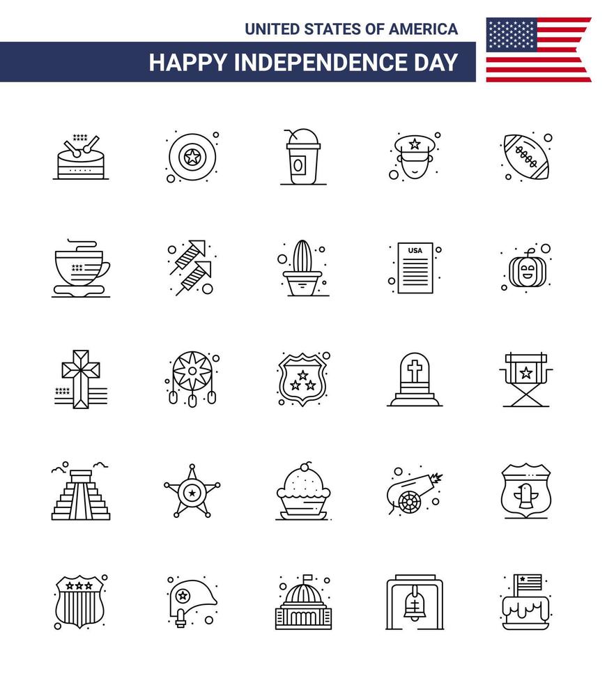 packa av 25 USA oberoende dag firande rader tecken och 4:e juli symboler sådan som amerikan boll rugby amerikan boll officer redigerbar USA dag vektor design element