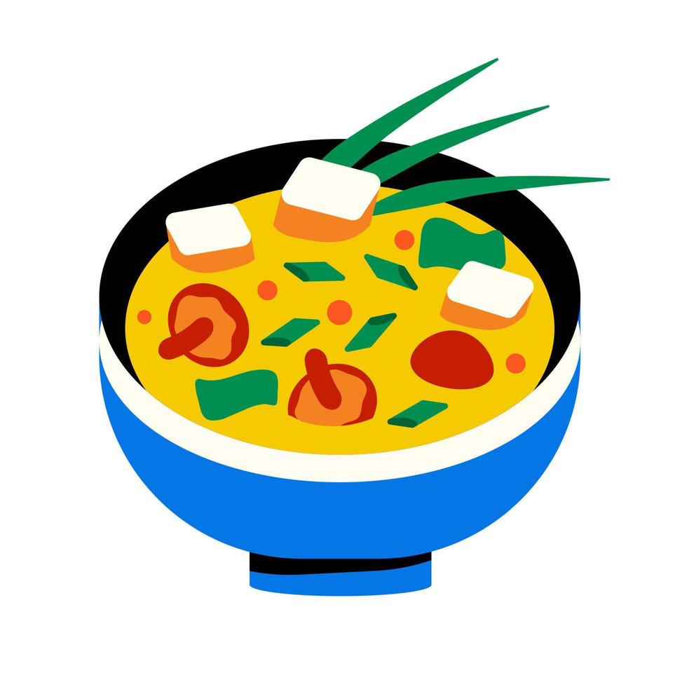 asiatisk mat miso soppa. japansk maträtt miso shiro med inte jag heller, shiitake svamp och tofu i en blå skål. vektor