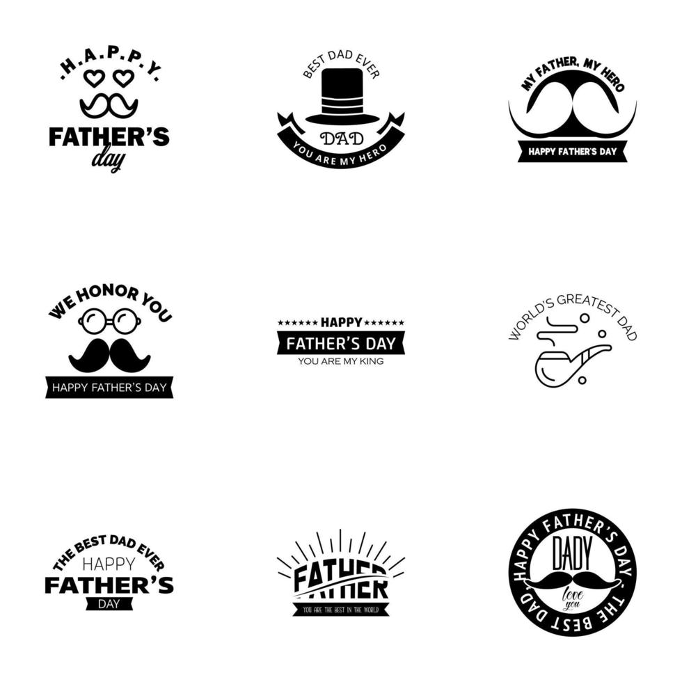 9 schwarze Reihe von Vektor glücklich Vatertag Typografie Vintage Symbole Schriftzug für Grußkarten Banner T-Shirt Design Vatertag editierbare Vektordesign-Elemente