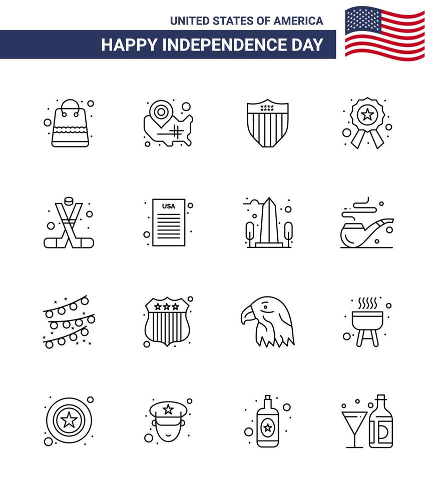 Stock Vector Icon Pack von American Day 16 Line Zeichen und Symbolen für Hockey Star Location Pin Police Usa editierbare Usa Day Vektor Design Elemente