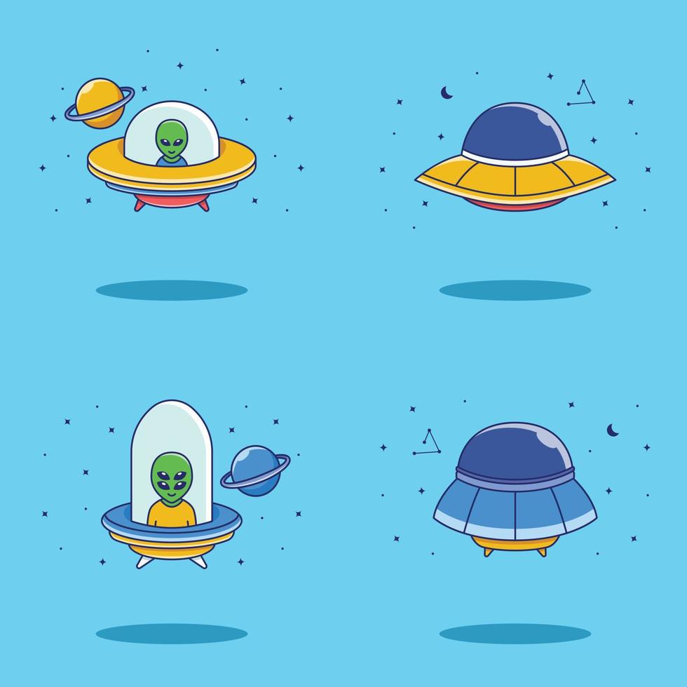 satz der außerirdischen ufo-illustration im flachen design vektor