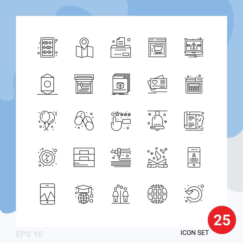 universelle Symbolsymbole Gruppe von 25 modernen Zeilen von Süßigkeiten-Benachrichtigungen Business Laptop Web Store editierbare Vektordesign-Elemente vektor
