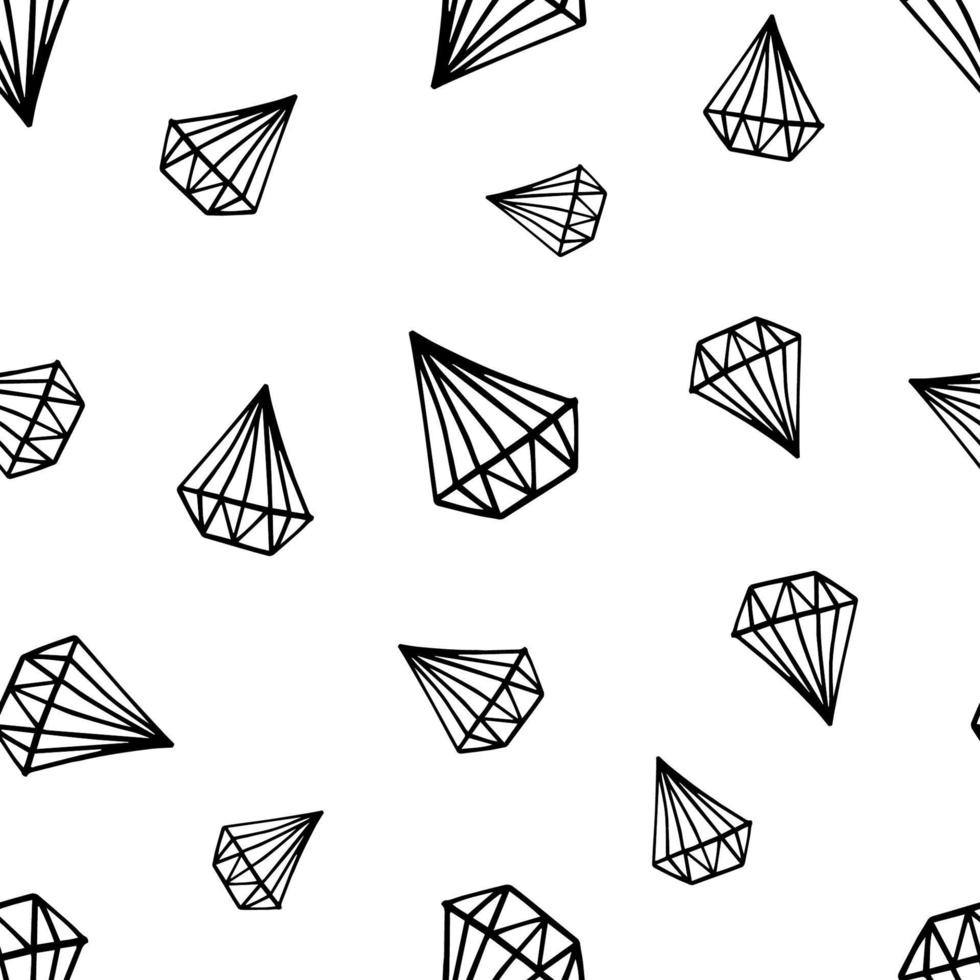 schwarz-weißer handgezeichneter Kristall im Doodle-Stil - quadratisches nahtloses Muster auf weißem Hintergrund. Vektorillustration eines facettierten Edelsteins. vektor