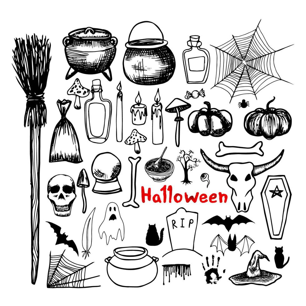 hand gezeichnetes verfolgtes set mit einem halloween-thema. Menschen- und Tierschädel, Pilze, Kerzen, Gespenster, Hexenbesen, blutiger Handabdruck, Knochen, Sarg, Augapfel, Grab, Spitzhut, Fledermaus, Katze, Hexentopf vektor