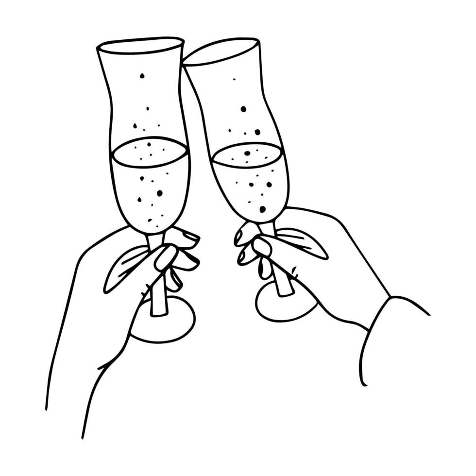 Gläser Champagner im Doodle-Stil. trendige handgezeichnete illustration. vektor