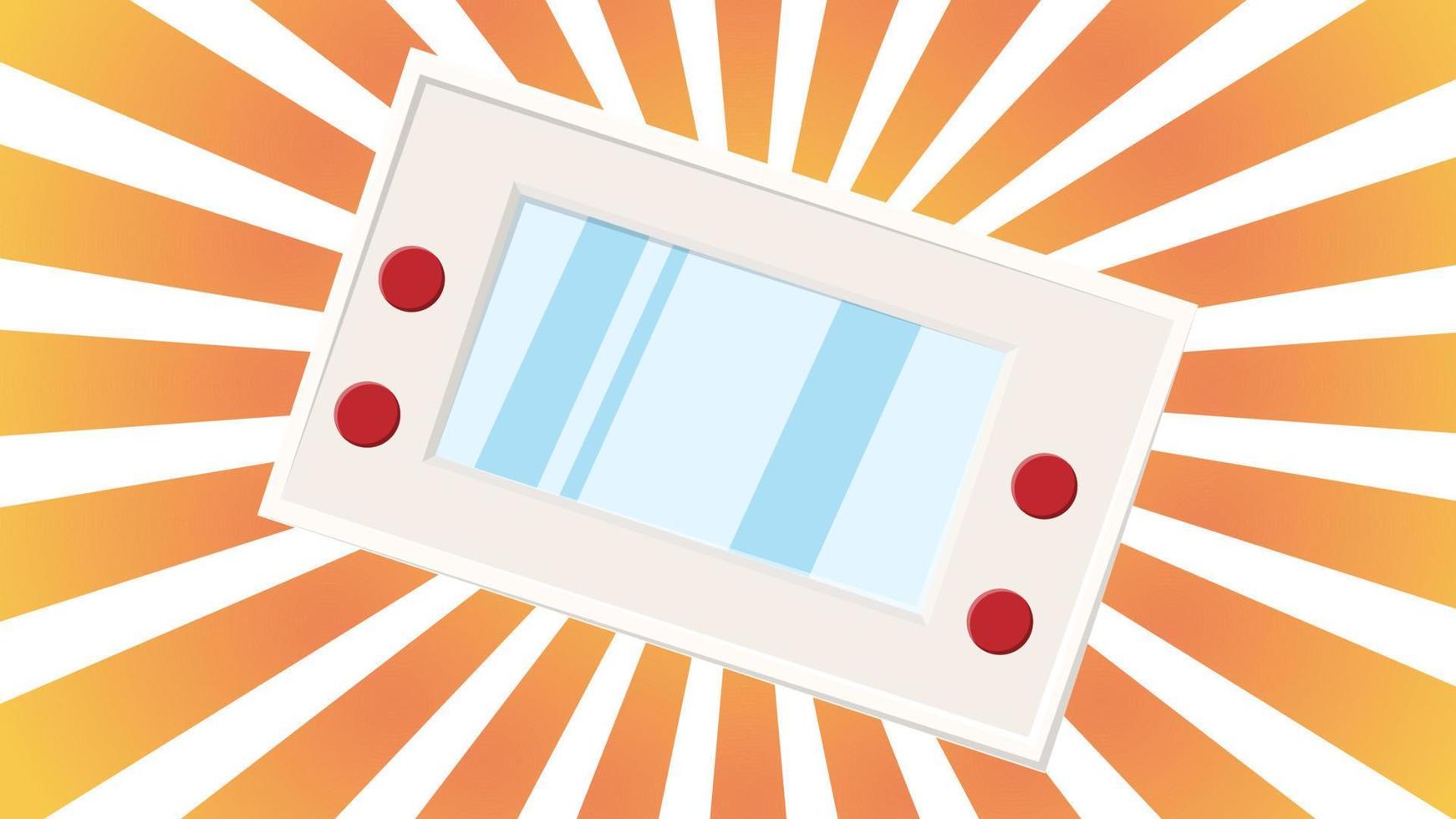 Alte Retro-Vintage-Hipster-Handheld-Spielekonsole mit Bildschirm und Tasten aus den 70er, 80er, 90er Jahren vor dem Hintergrund der orangefarbenen Sonnenstrahlen. Vektor-Illustration vektor