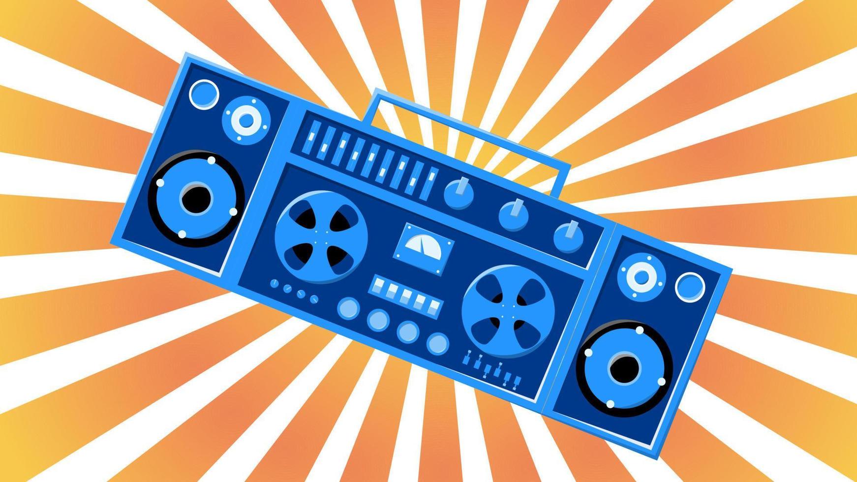 alter Retro-Vintage-Musikkassettenrecorder mit Magnetbandbabbin auf Rollen und Lautsprechern aus den 70er, 80er, 90er Jahren vor dem Hintergrund der orangefarbenen Sonnenstrahlen. Vektor-Illustration vektor