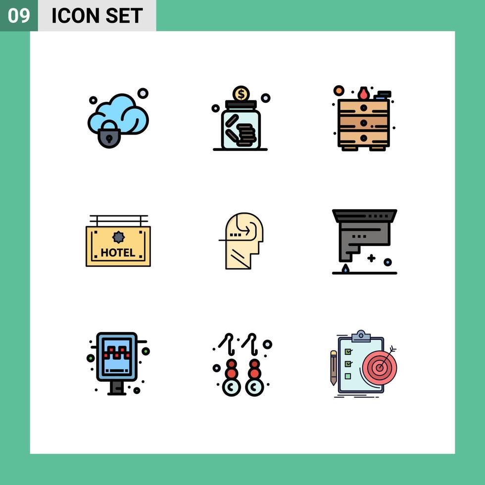 9 gefülltes flaches Farbkonzept für mobile Websites und Apps Skill Direction Saving Board Hotel editierbare Vektordesign-Elemente vektor