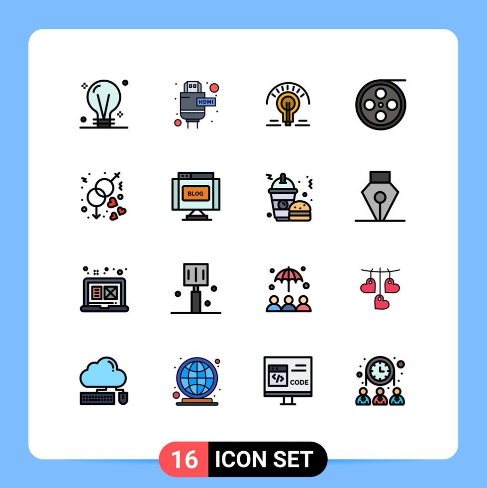 piktogram uppsättning av 16 enkel platt Färg fylld rader av kön video Glödlampa rulla kamera redigerbar kreativ vektor design element