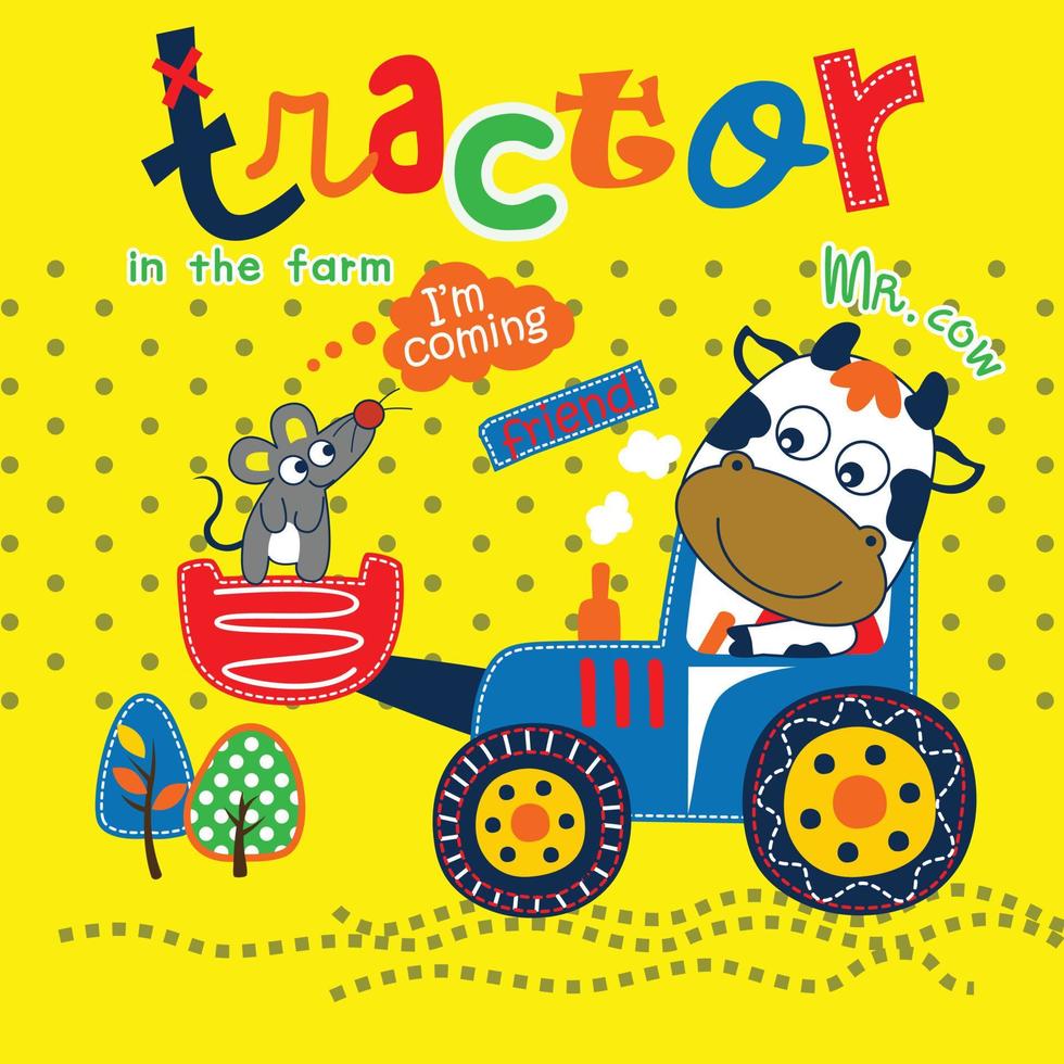 Traktor in der lustigen Tierkarikatur des Bauernhofes, Vektorillustration vektor