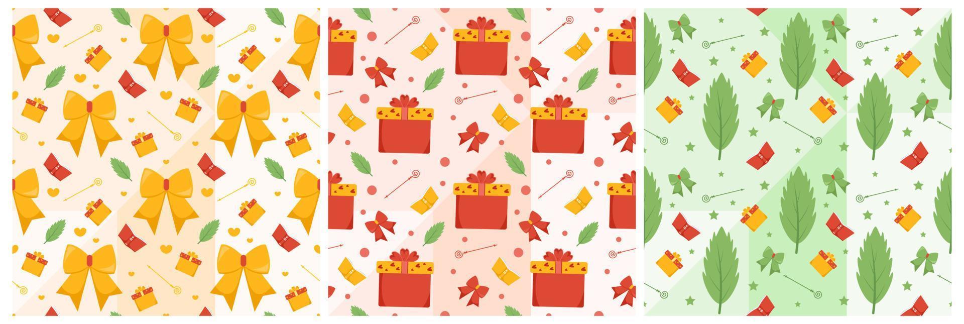 uppsättning av helgon nicholas dag eller sinterklaas sömlös mönster med gåva låda och jul mall bakgrund hand dragen tecknad serie platt illustration vektor