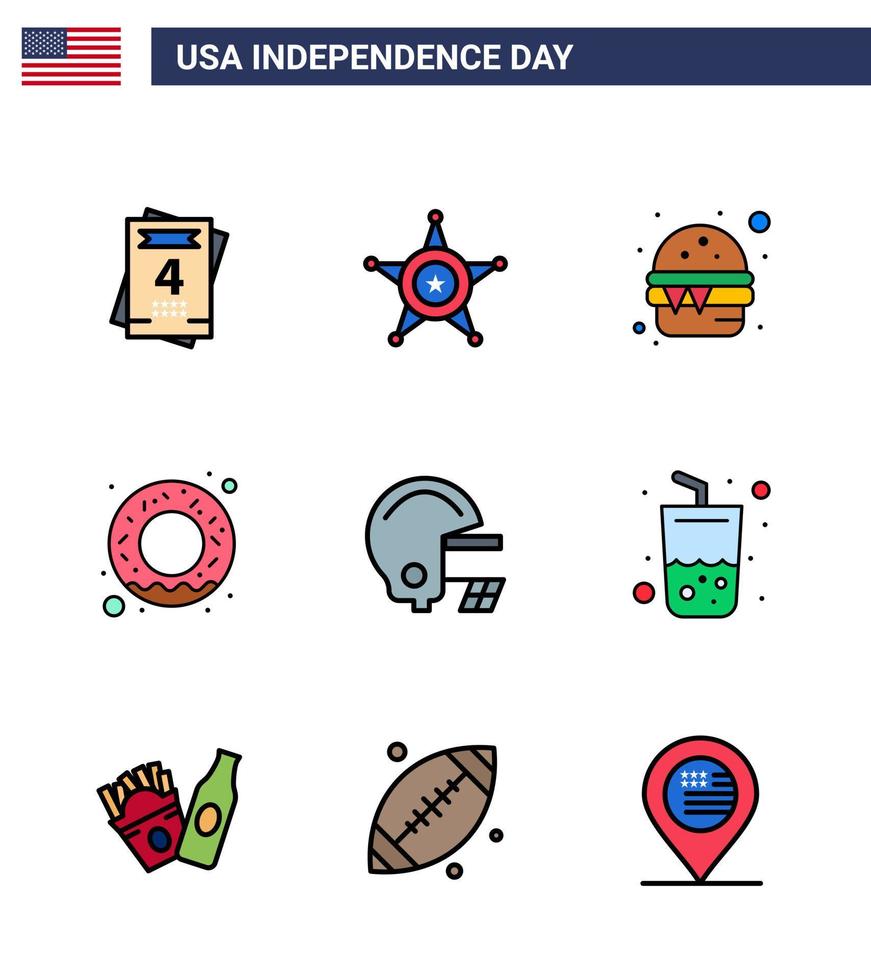 Happy Independence Day Pack mit 9 flach gefüllten Linien Zeichen und Symbolen für Glas-Fußball schnelles amerikanisches Essen editierbare usa-Tag-Vektordesign-Elemente vektor