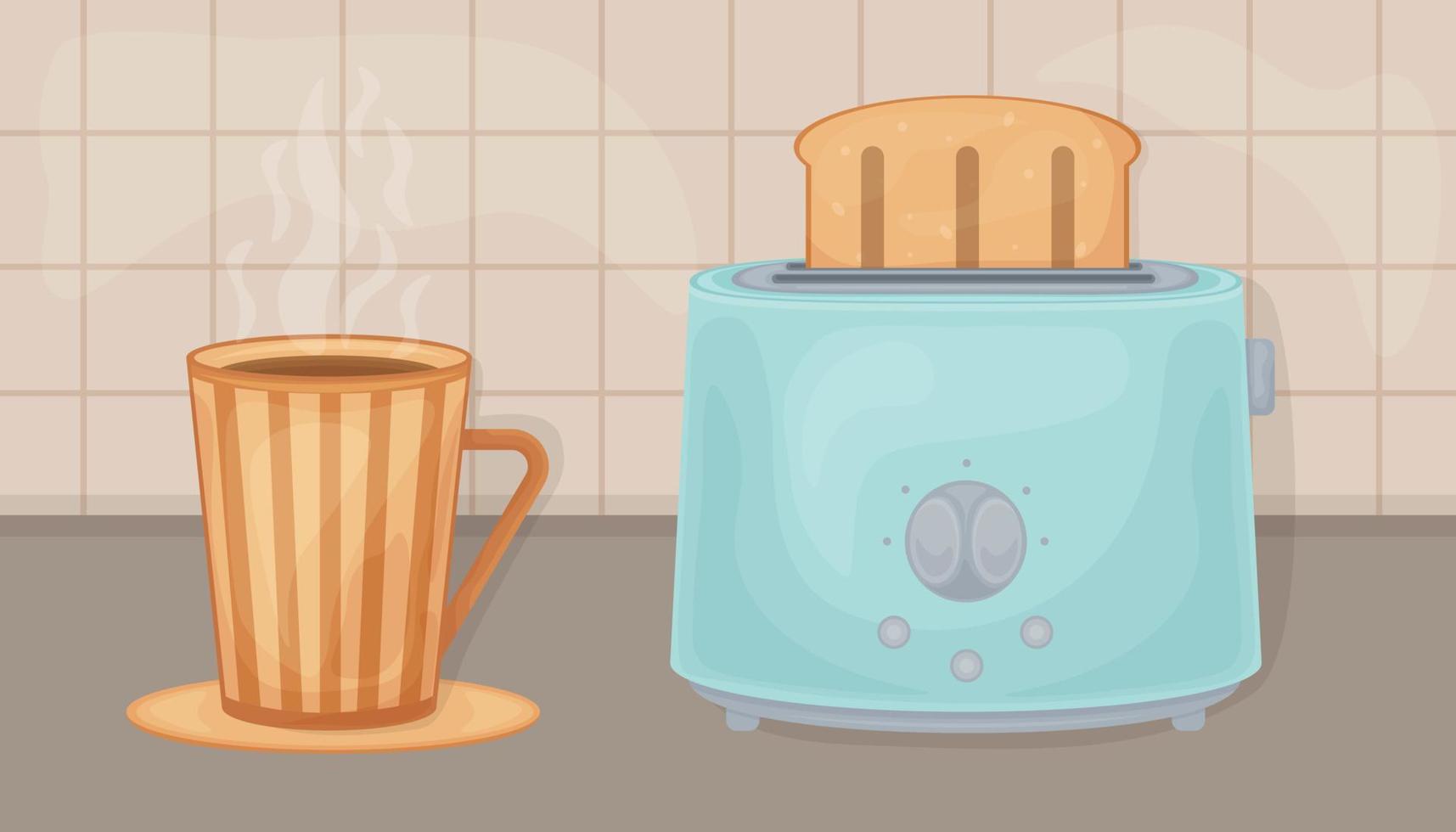 Toaster und Tasse. vektorkomposition mit dem bild eines toasters mit brotscheiben und einer tasse mit einem heißen getränk, das auf dem küchentisch steht. Küchenkomposition mit Frühstück am Morgen vektor