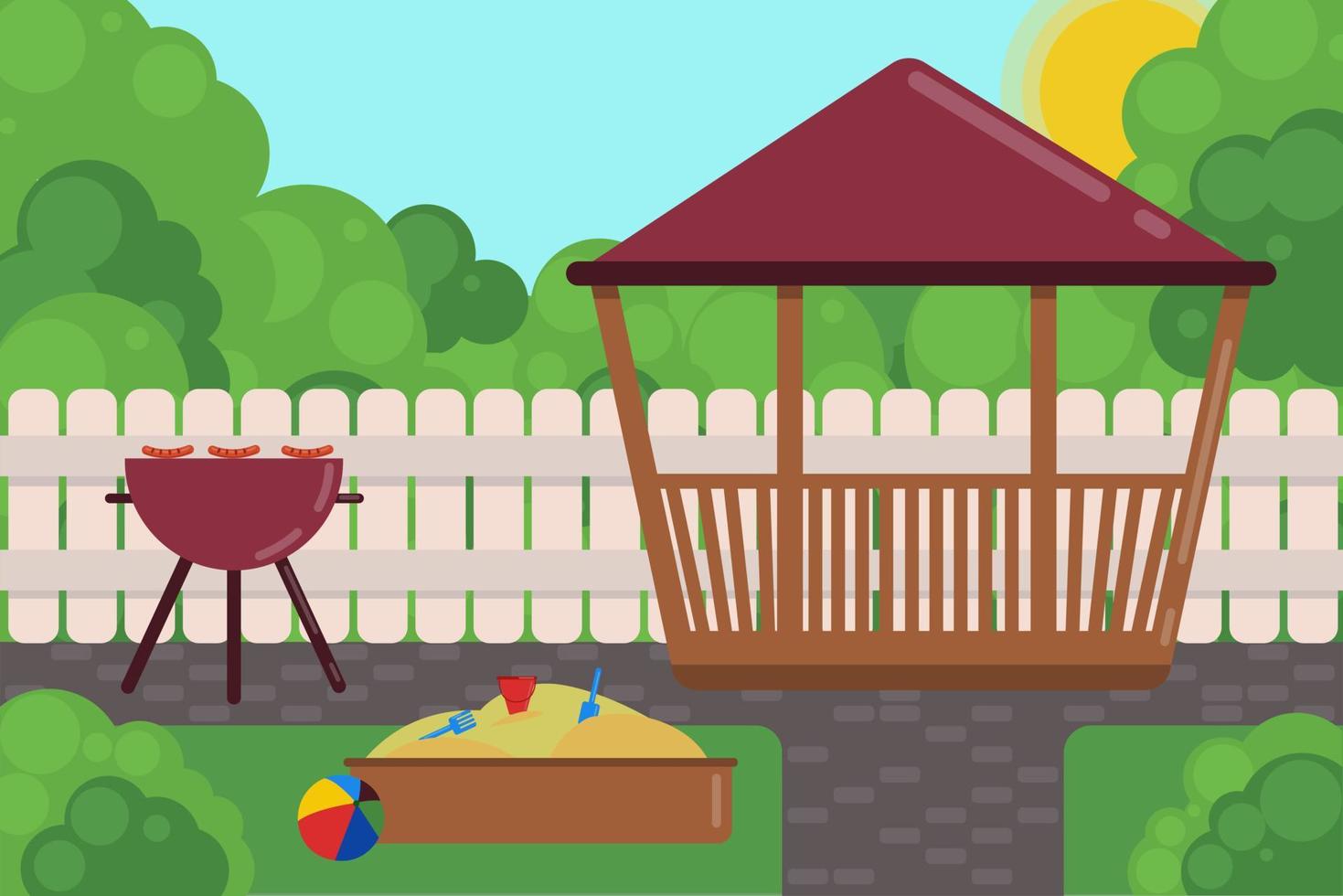 Pavillon mit Grill und Kinderspielplatz-Vektorillustration vektor