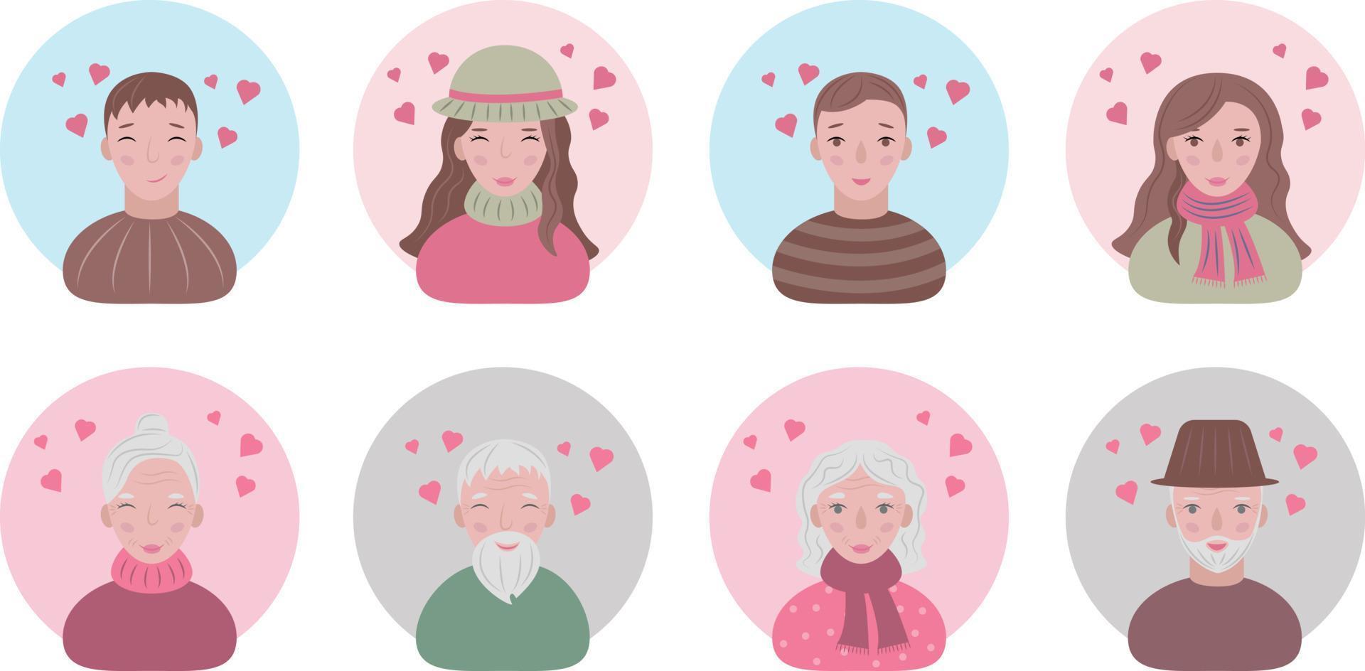 ansikten av ung och gammal människor i kärlek. avatars av Lycklig älskande av män, kvinnor och gammal människor. porträtt av leende människor på valentine s dag. rolig ansikten med hjärtan ovan deras huvuden. vektor