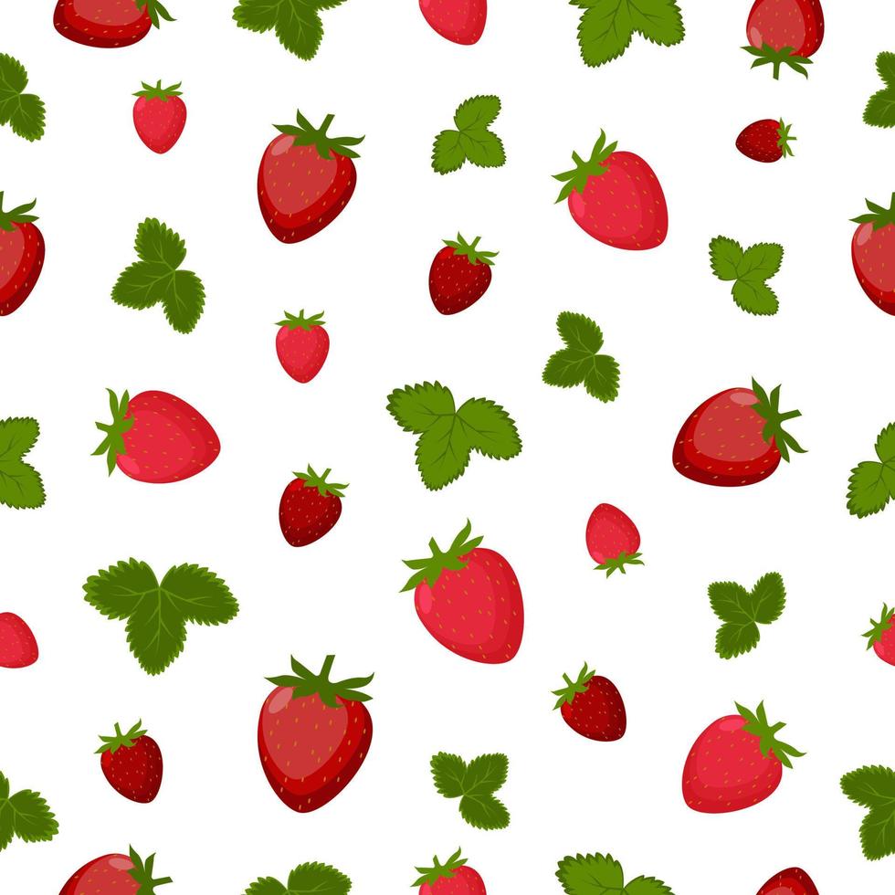 frukt jordgubb ljus sommar sömlös mönster terar mogen jordgubbar och grön löv. vektor illustration på vit bakgrund.