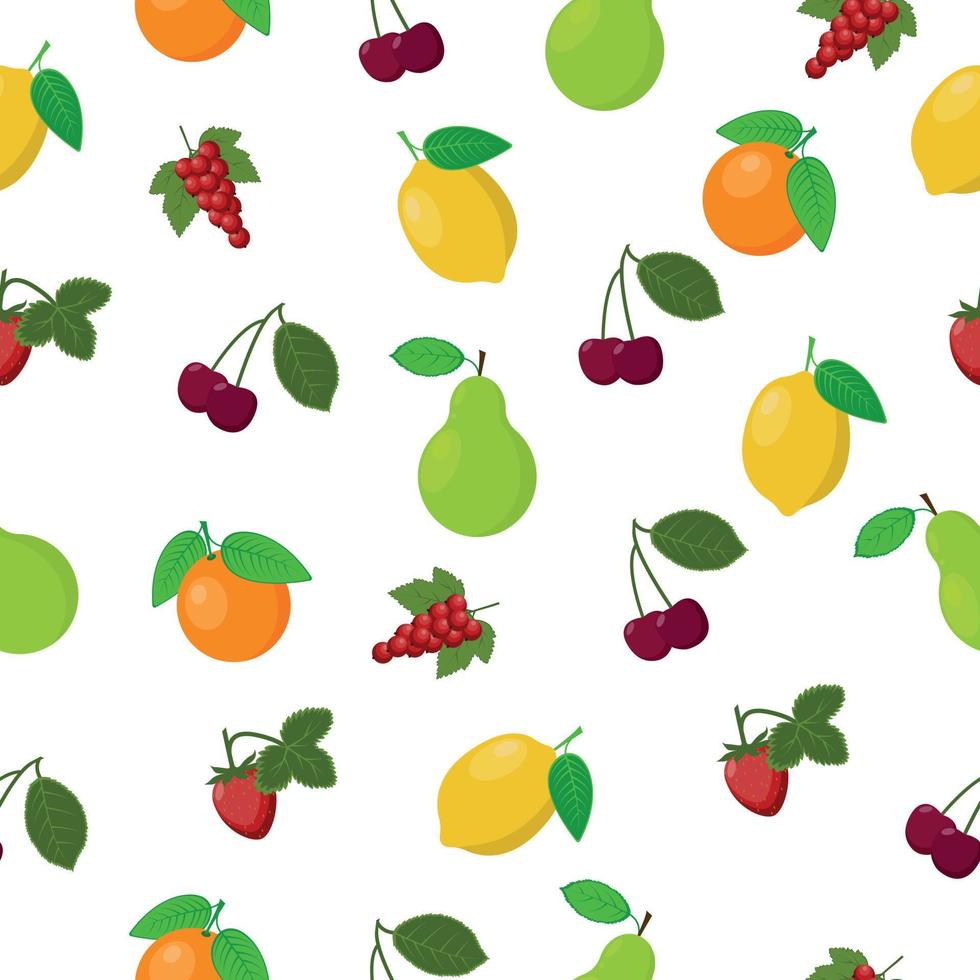 ljus sommar saftig frukt sömlös mönster med päron, citron, apelsin och körsbär, jordgubbar och röd vinbär avbildad på Det. vektor illustration på vit bakgrund.