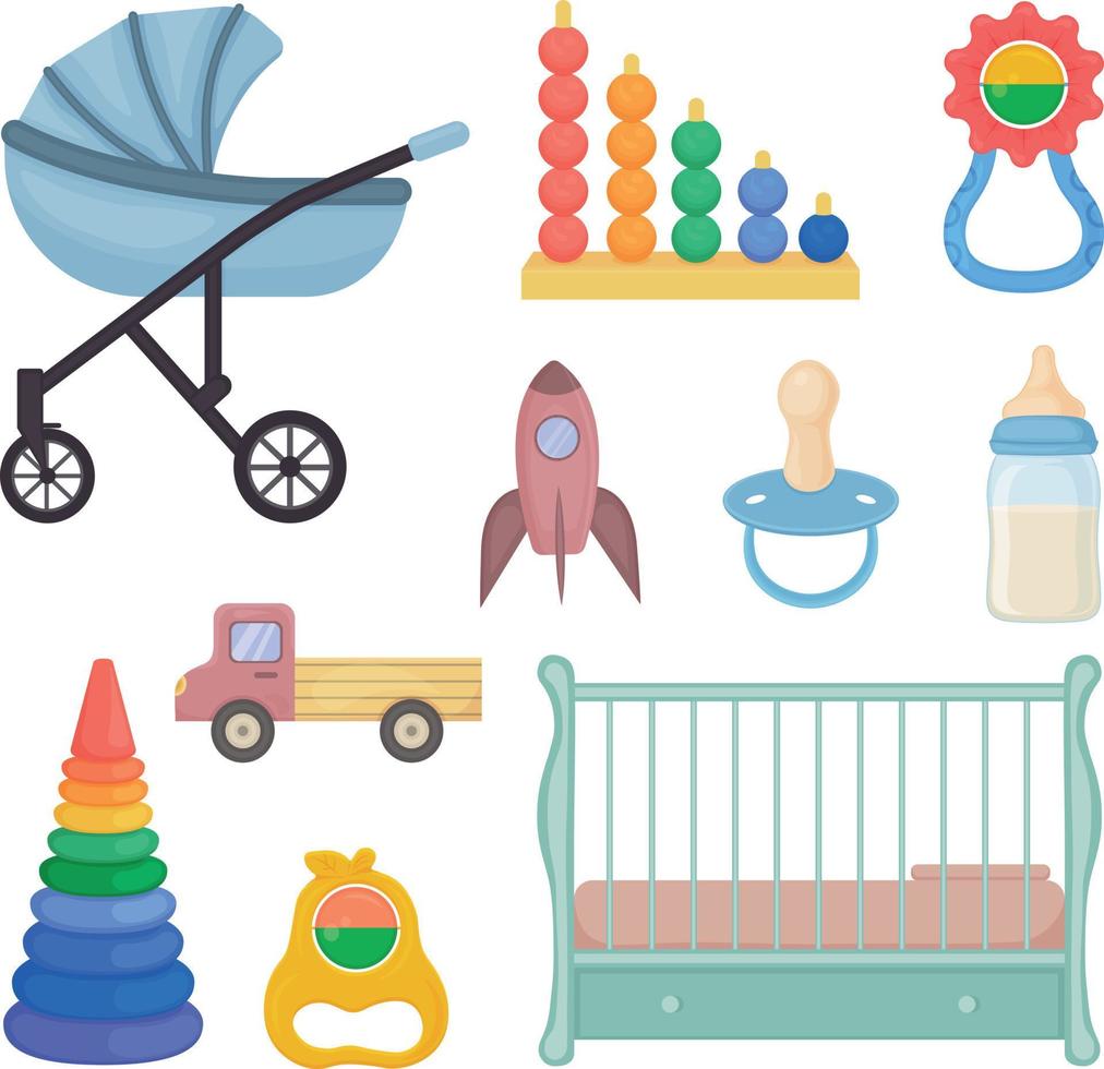 ein Set Babyzubehör, wie ein Kinderwagen, eine Rassel, ein Bettchen, ein Schnuller, eine Flasche und auch Kinderspielzeug. Sammlung von Kinderaccessoires. Vektor-Illustration vektor