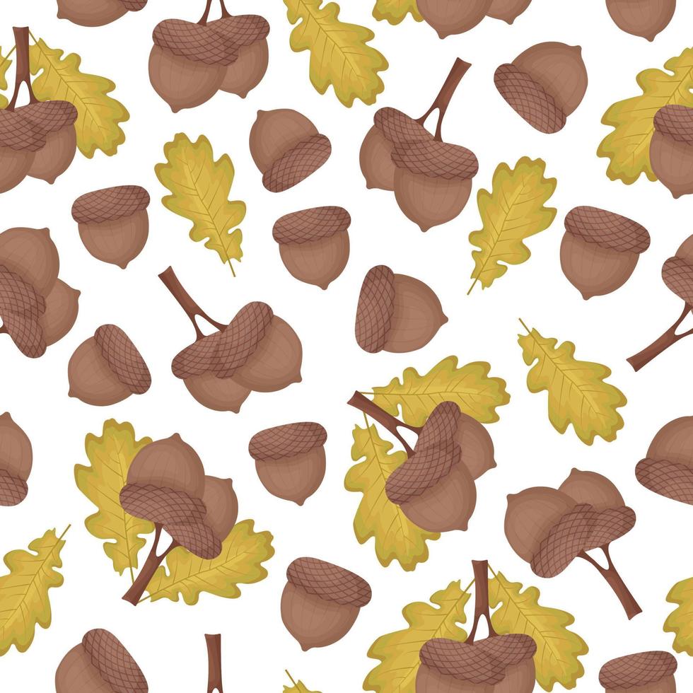 ein helles, nahtloses Herbstmuster mit dem Bild von Eicheneicheln auf einem Ast mit ab Herbst vergilbten Blättern. Herbstmuster für den Druck. Vektor-Illustration auf weißem Hintergrund vektor