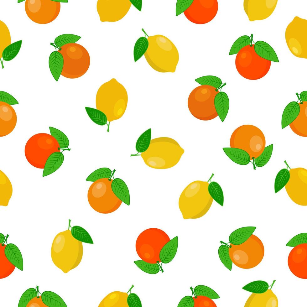 citrus- citron- orange ljus sommar sömlös mönster terar mogen gul citroner och orange apelsiner med grön löv. vektor illustration på en vit bakgrund.