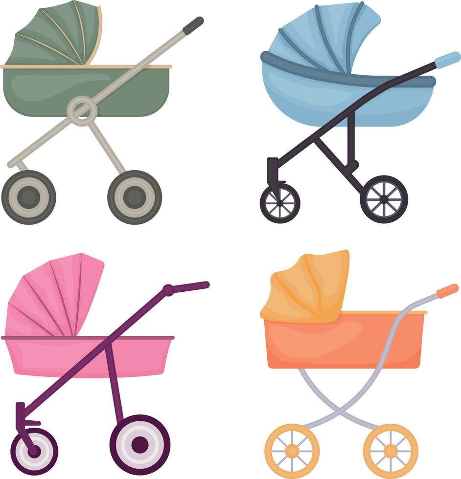 bebis barnvagnar. en uppsättning av bebis barnvagnar. barnvagnar för nyfödda av annorlunda färger. årgång barnvagnar. vektor illustration isolerat på en vit bakgrund.