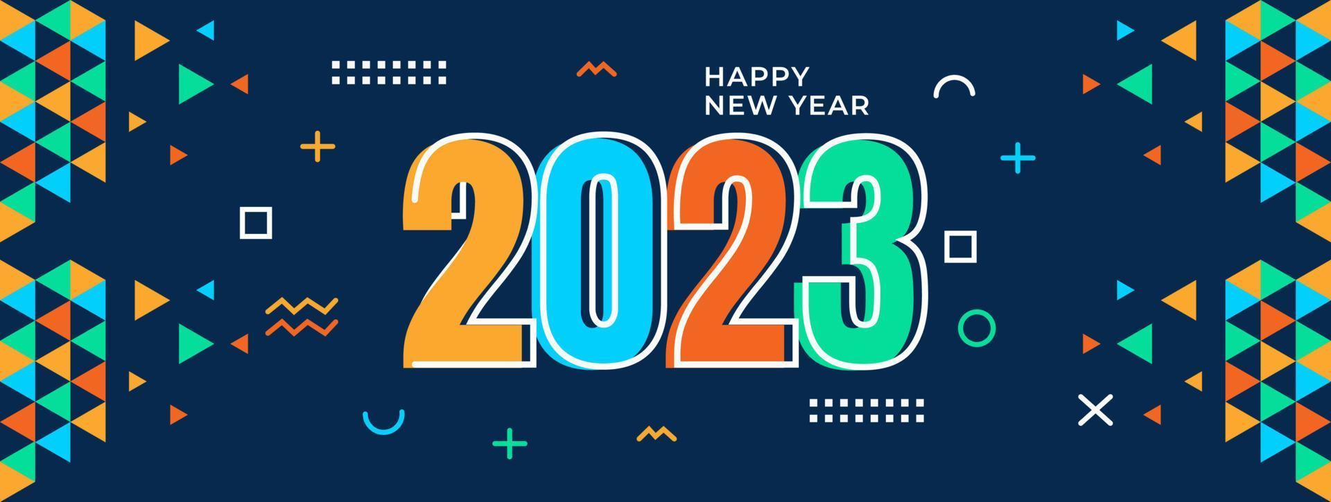 frohes neues jahr 2023 grußbanner logo design illustration, kreatives und farbenfrohes 2023 neujahr vektor typografie banner, mit modernem abstrakten geometrischen design und hintergrund im retro-stil