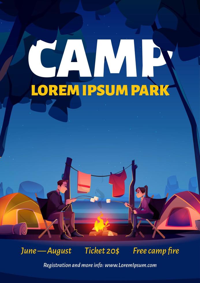 sommar läger med lägereld i natur parkera affisch vektor