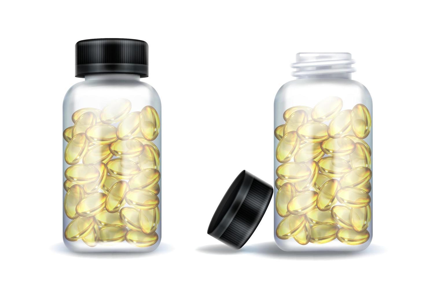 medicin flaskor med klar gul kapslar vektor
