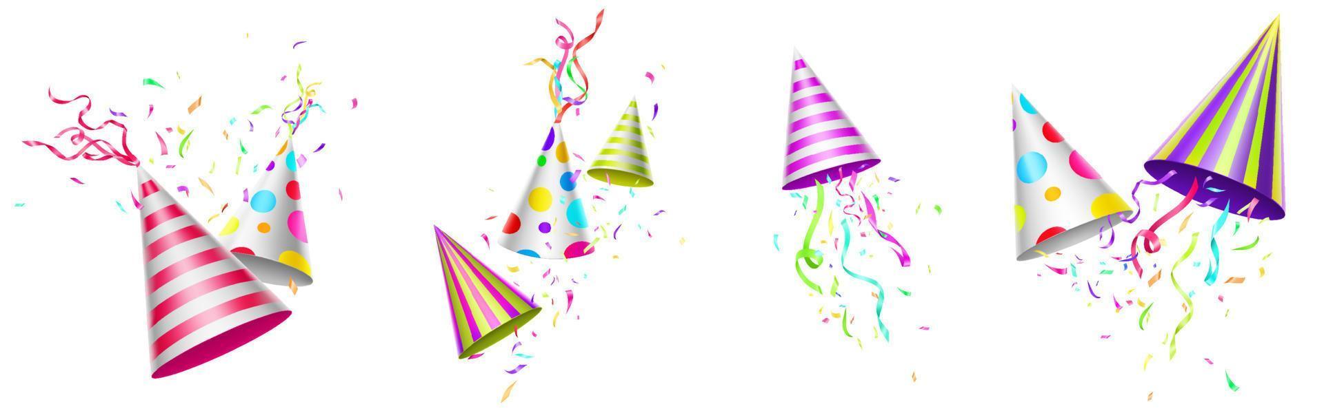 Partyhüte, Geburtstagsmützen mit Bändern oder Konfetti vektor