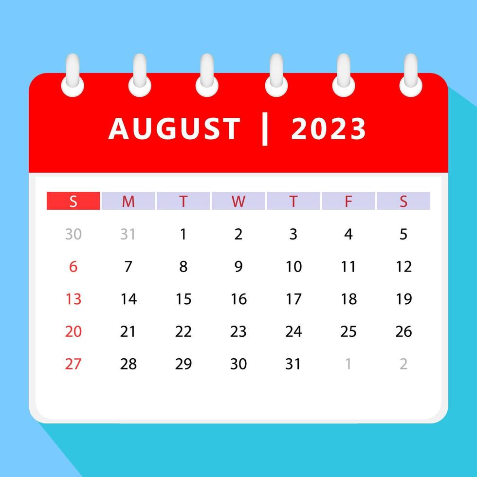 augusti 2023 kalender mall. vektor design.