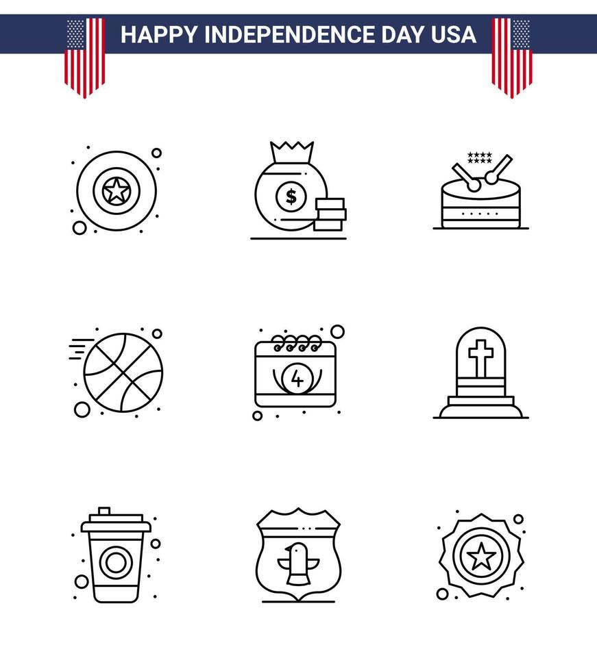 grupp av 9 rader uppsättning för oberoende dag av förenad stater av Amerika sådan som dag kalender instrument amerikan boll redigerbar USA dag vektor design element