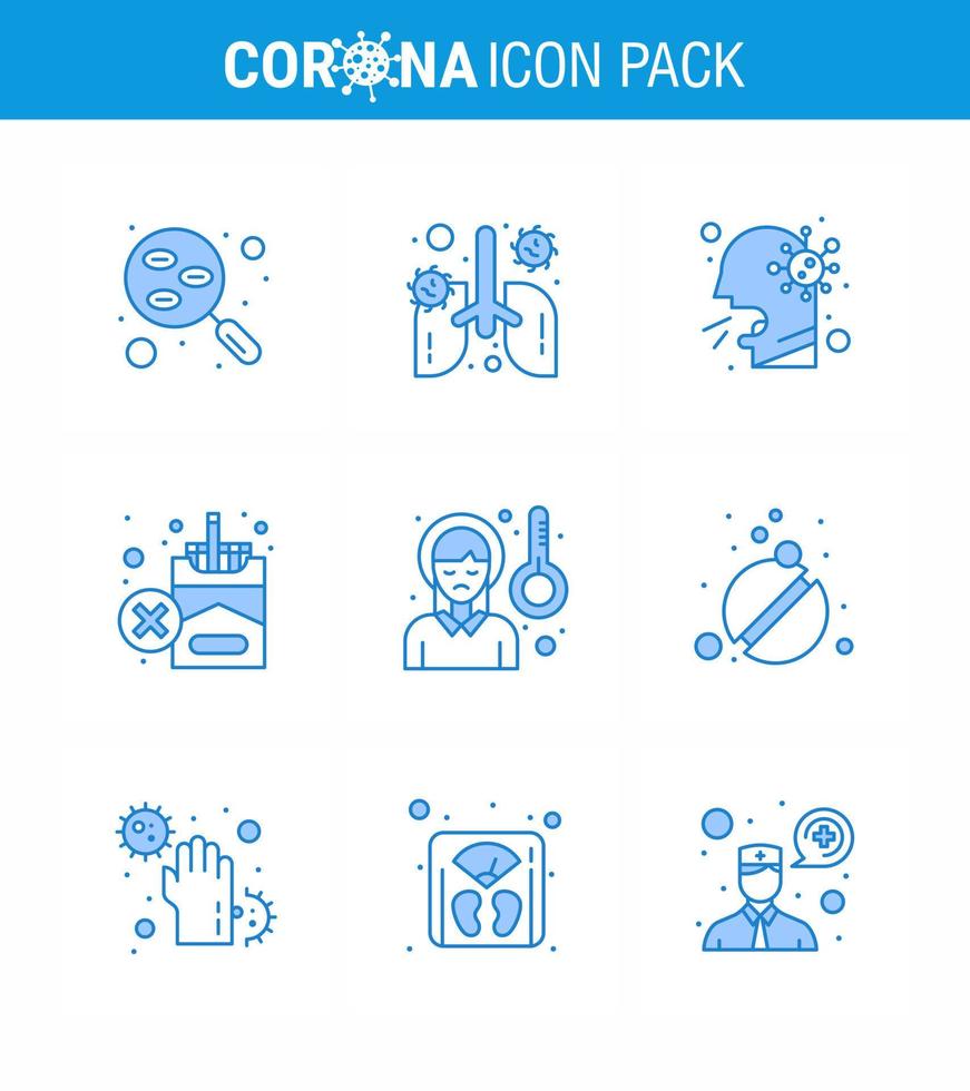 9 blaues Coronavirus covid19 Icon Pack wie das Rauchen verbotener Organkranker viraler Coronavirus 2019nov-Krankheitsvektor-Designelemente vektor