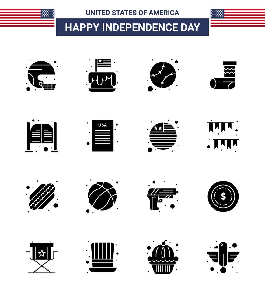 Lycklig oberoende dag packa av 16 fast glyfer tecken och symboler för fest firande oberoende förenad baseboll redigerbar USA dag vektor design element