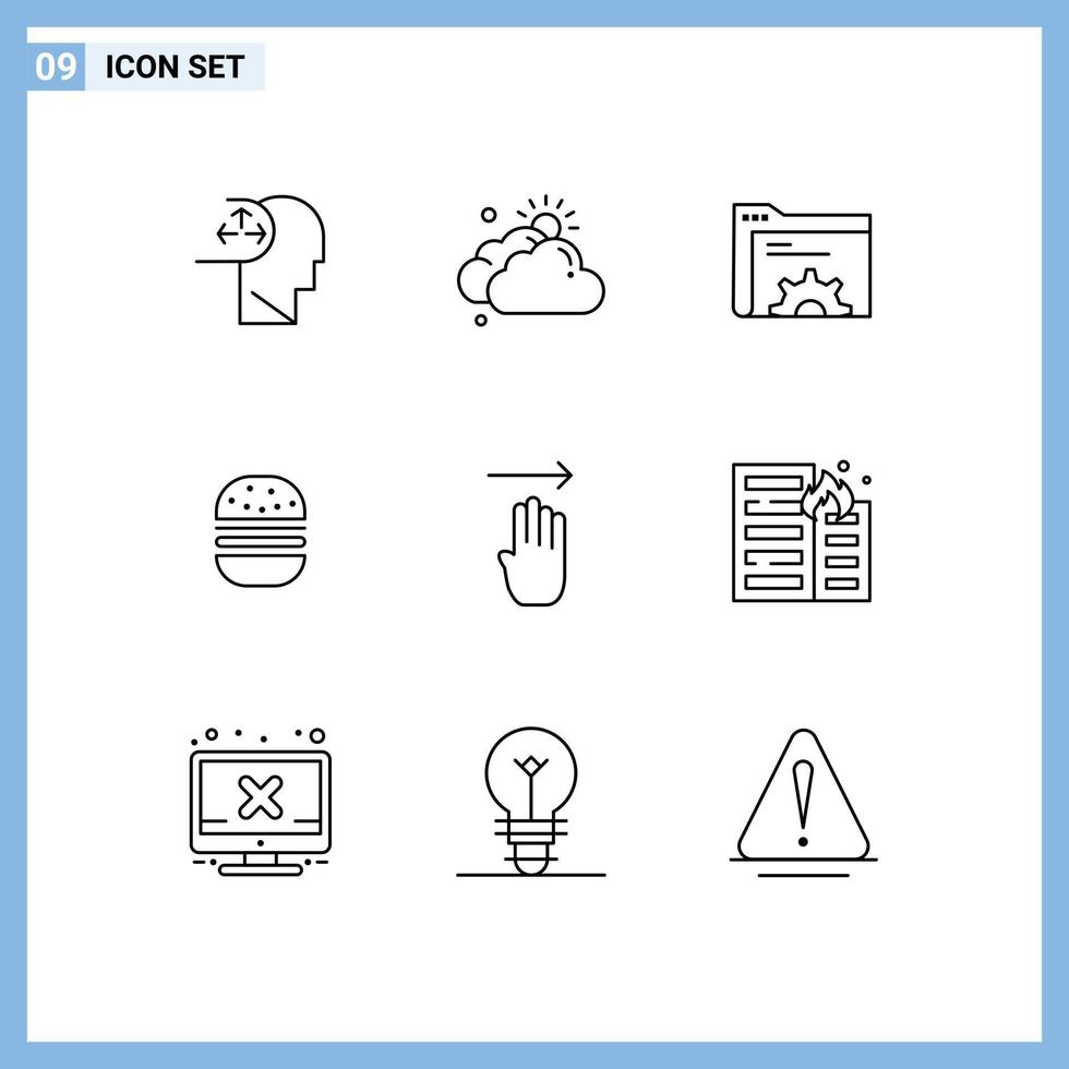satz von 9 modernen ui-symbolen symbole zeichen für vier lebensmittelausrüstung schnelle burger editierbare vektordesignelemente vektor