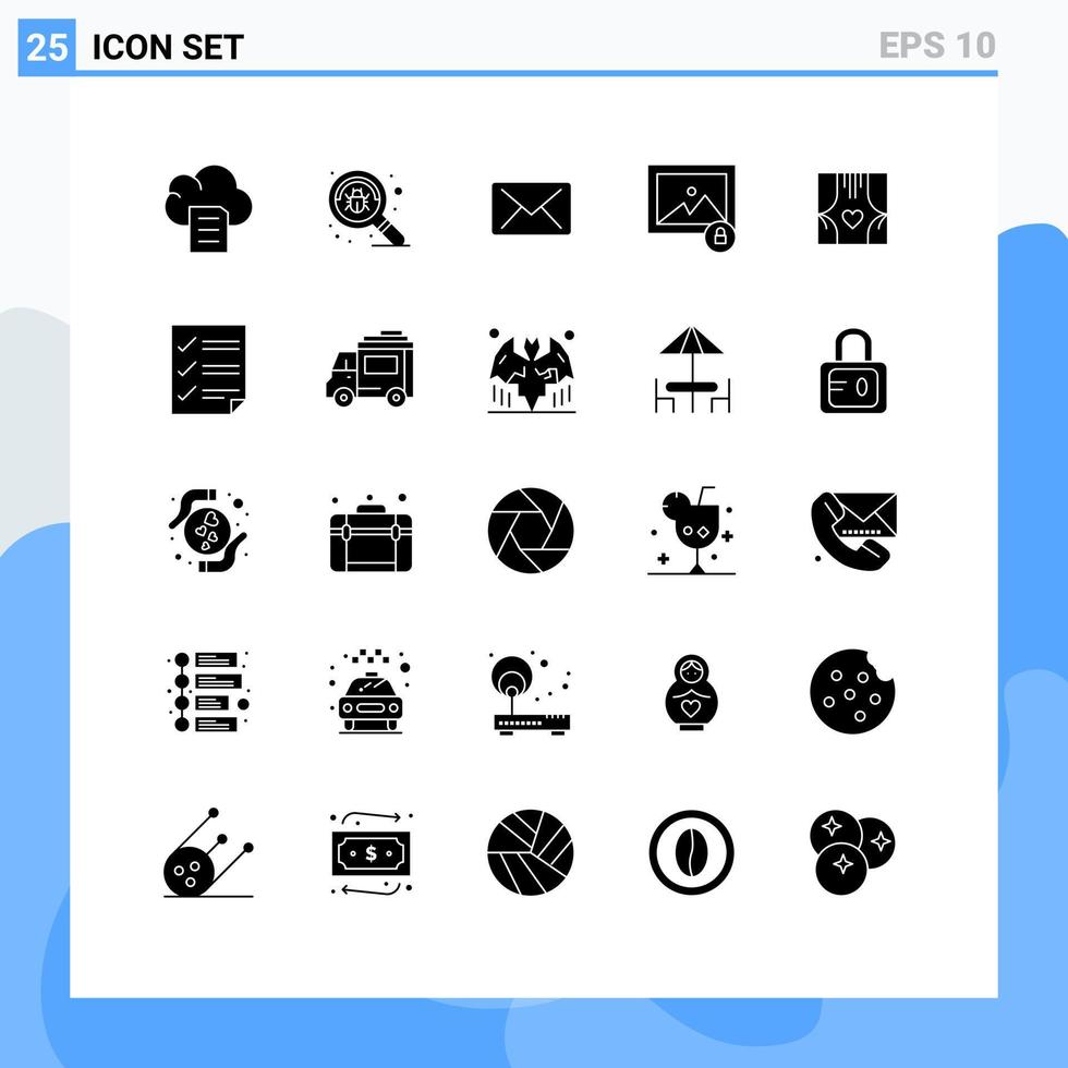 Gruppe von 25 soliden Glyphen Zeichen und Symbolen für romantische Vorhänge Postraum Foto editierbare Vektordesign-Elemente vektor
