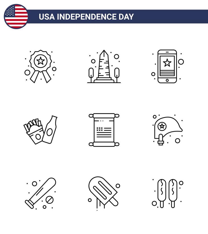 9 usa line pack von unabhängigkeitstag zeichen und symbolen von scroll frise washington bottle mobile editierbare usa day vektor design elemente